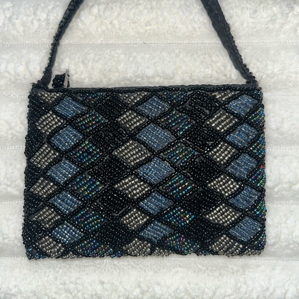 Elegant Vintage Multicolor Black and Blue Glass Beaded Hand Bag Evening Purse